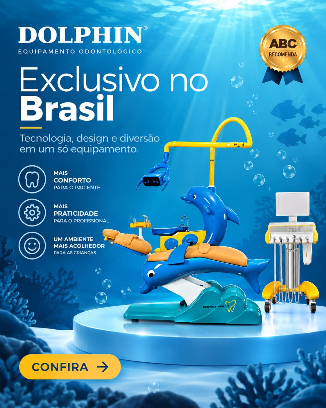 Consultório Dolphin, exclusivo no Brasil: tecnologia, design e diversão em um só equipamento para odontopediatria. Confira.